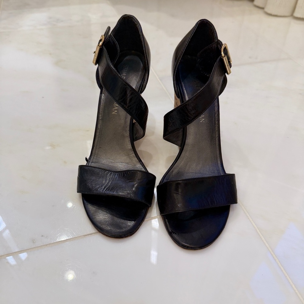Stuart Weitzman Black Strappy Wedge Heels